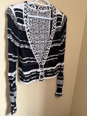 Free People Black White Knit Cardigan Boho Cropped Open Knit Size S Distressed